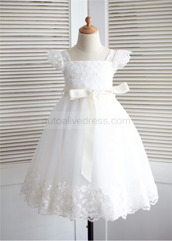Ivory Lace Tulle Puff Sleeves Knee Length Flower Girl Dress 